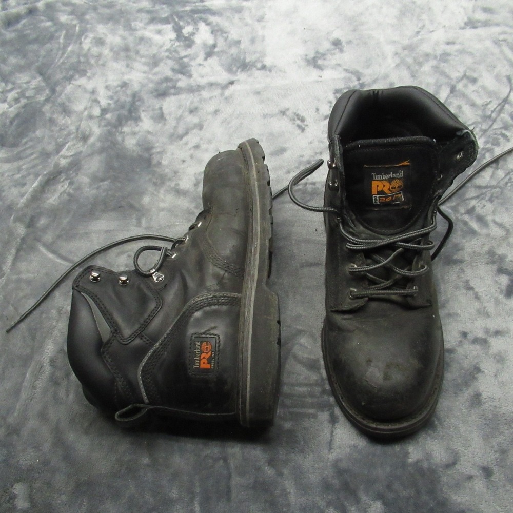 Timberland PRO Men 11M Steel Toe Boots Black Leather Lace Up Rugged Logger Heel